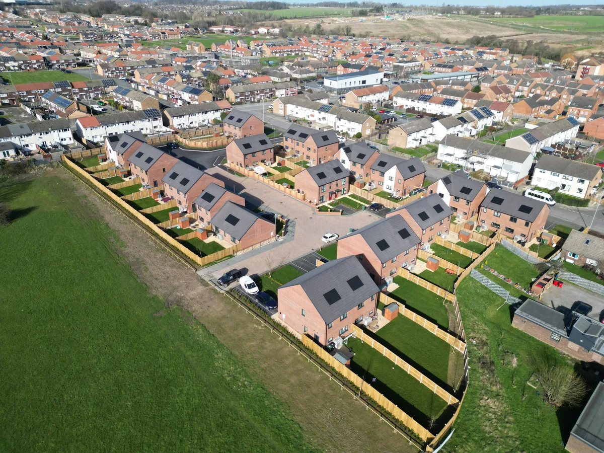 Aerial drone photograph of the Bond Brickwork housing development at Swarcliffe, Leeds
